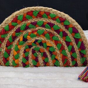 America & Natural Woven Jute Multicolor Rainbow Boho Clutch | 12” | Resort Style
